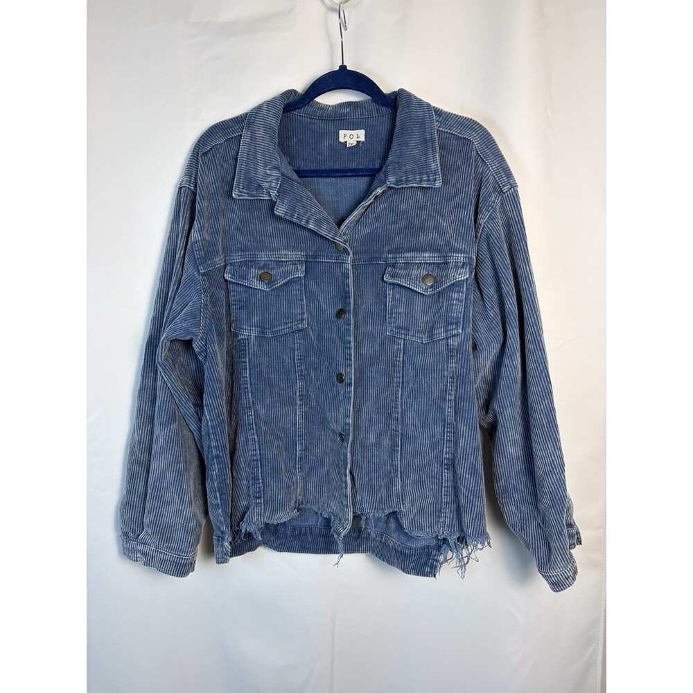POL Sea Blue Crop Corduroy Distressed Raw Edge Jacket Frayed Size 2X Boho Grunge